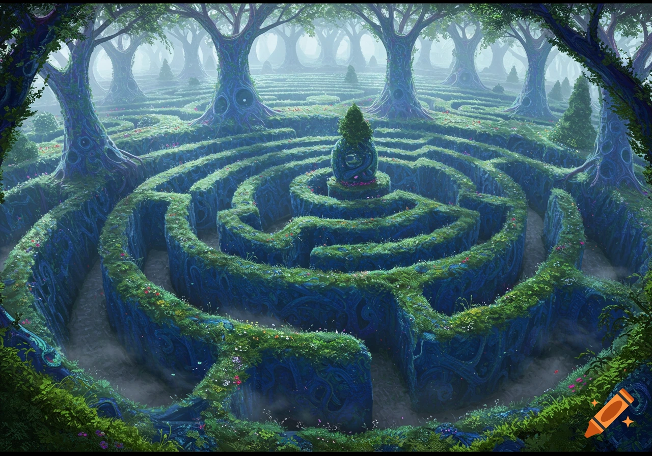 A mystical garden labyrinth with blue-green fractal hedges and large, ancient trees in a foggy, detailed fantasy landscape.