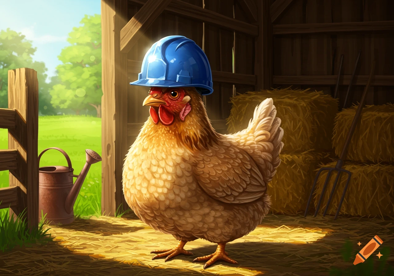 An illustrated chicken wearing a blue hard hat stands in a barn with hay bales, a watering can, and a green field visible outside.