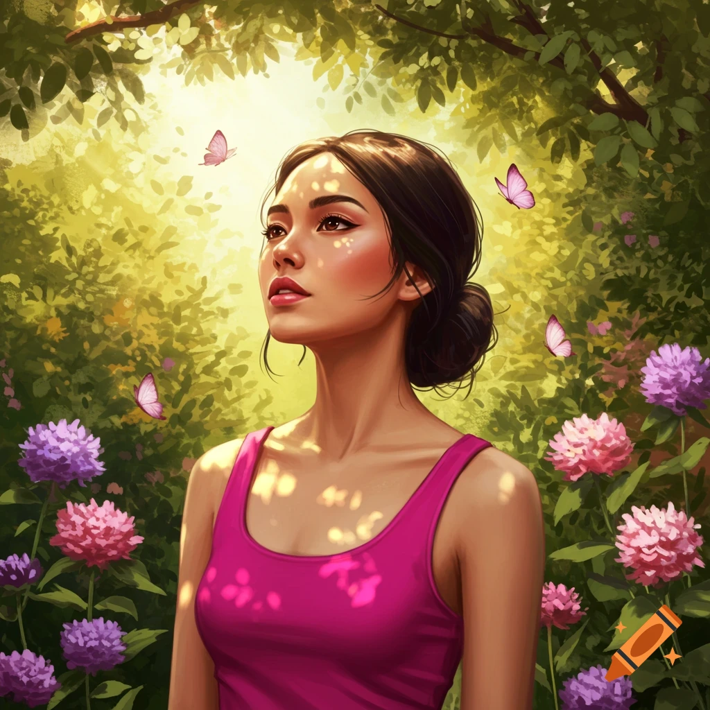 A woman in a magenta tank top looks up in a sunlit garden with flowers and butterflies, in a stylized digital art style.