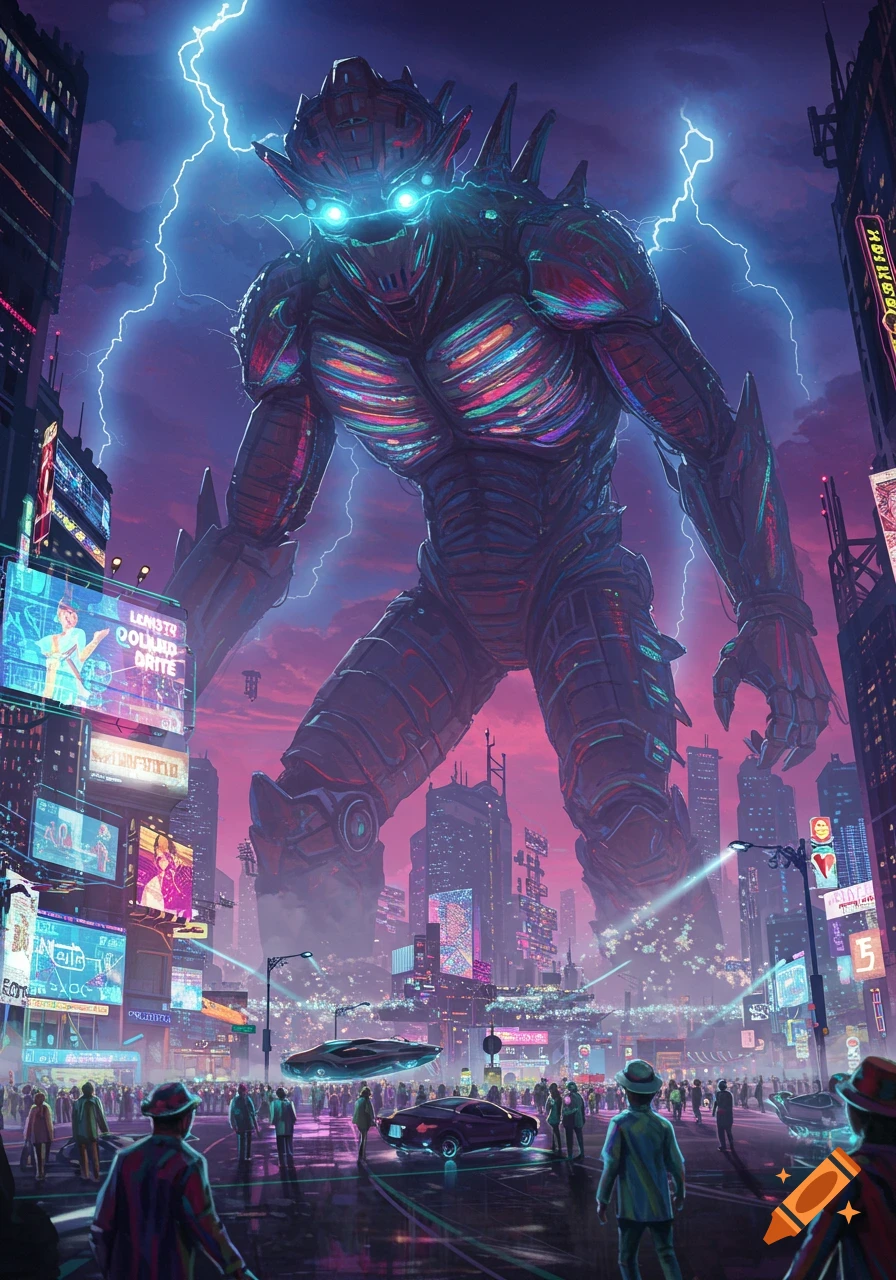 A giant monster with glowing eyes and a colorful chest towers over a futuristic cyberpunk city with neon signs and lightning.