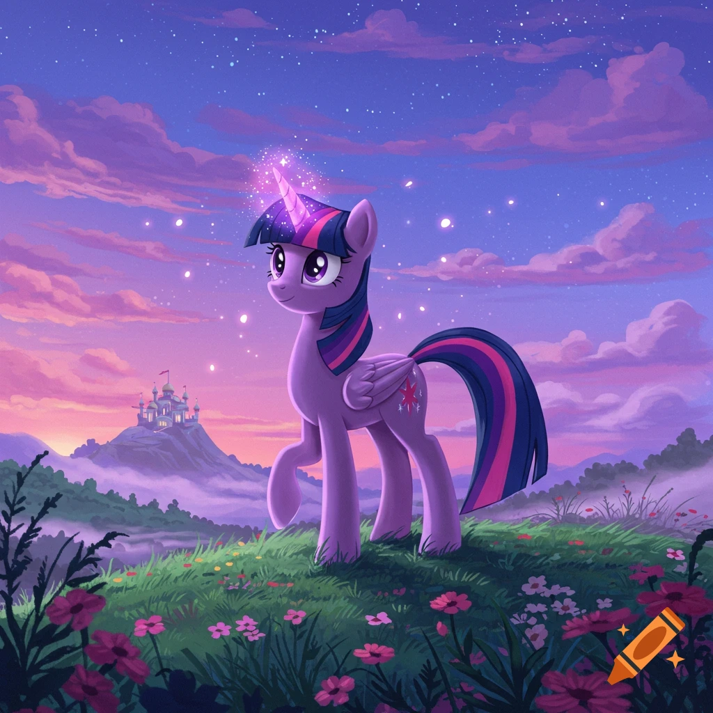 A purple unicorn pony, Twilight Sparkle, stands on a flower-filled hill overlooking a magical castle at sunset.