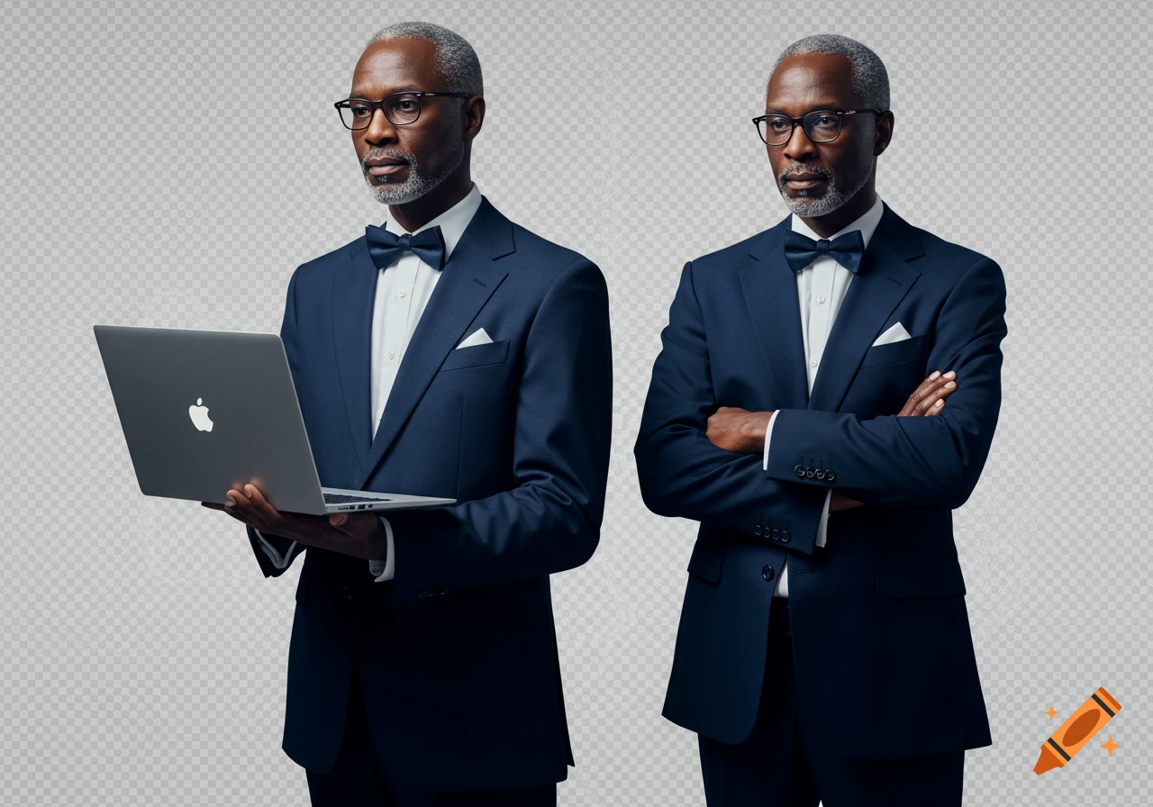 Two distinguished men in dark blue tuxedos against a transparent background; one holds a laptop while the other stands with crossed arms.