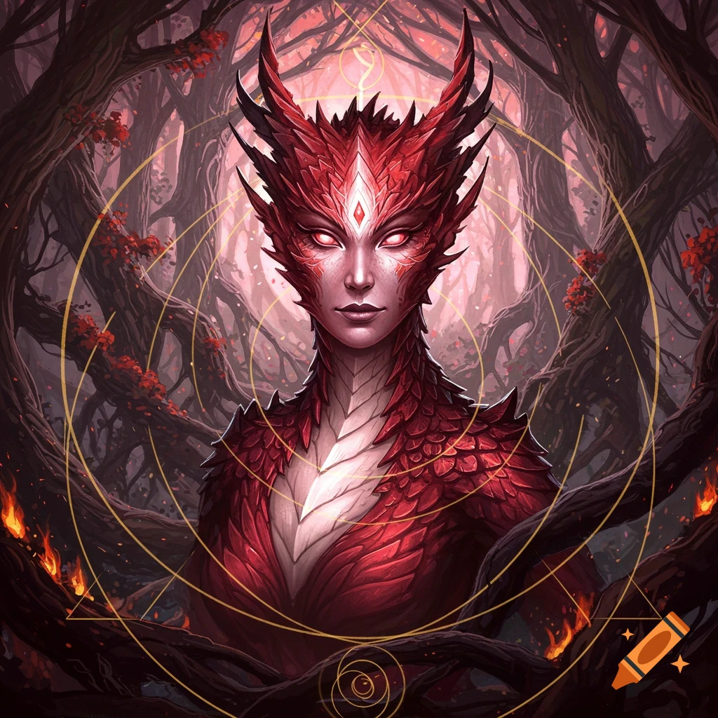 A detailed portrait of a red dragon-humanoid woman with glowing eyes and horns, set against a dark forest with golden geometric patterns and small fires.