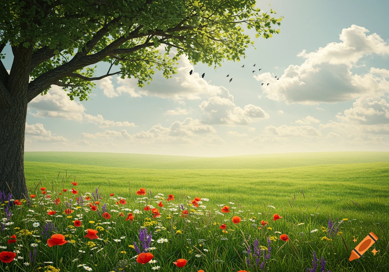 Photorealistic landscape with a large tree, green field, and colorful wildflowers under a cloudy sky with birds.