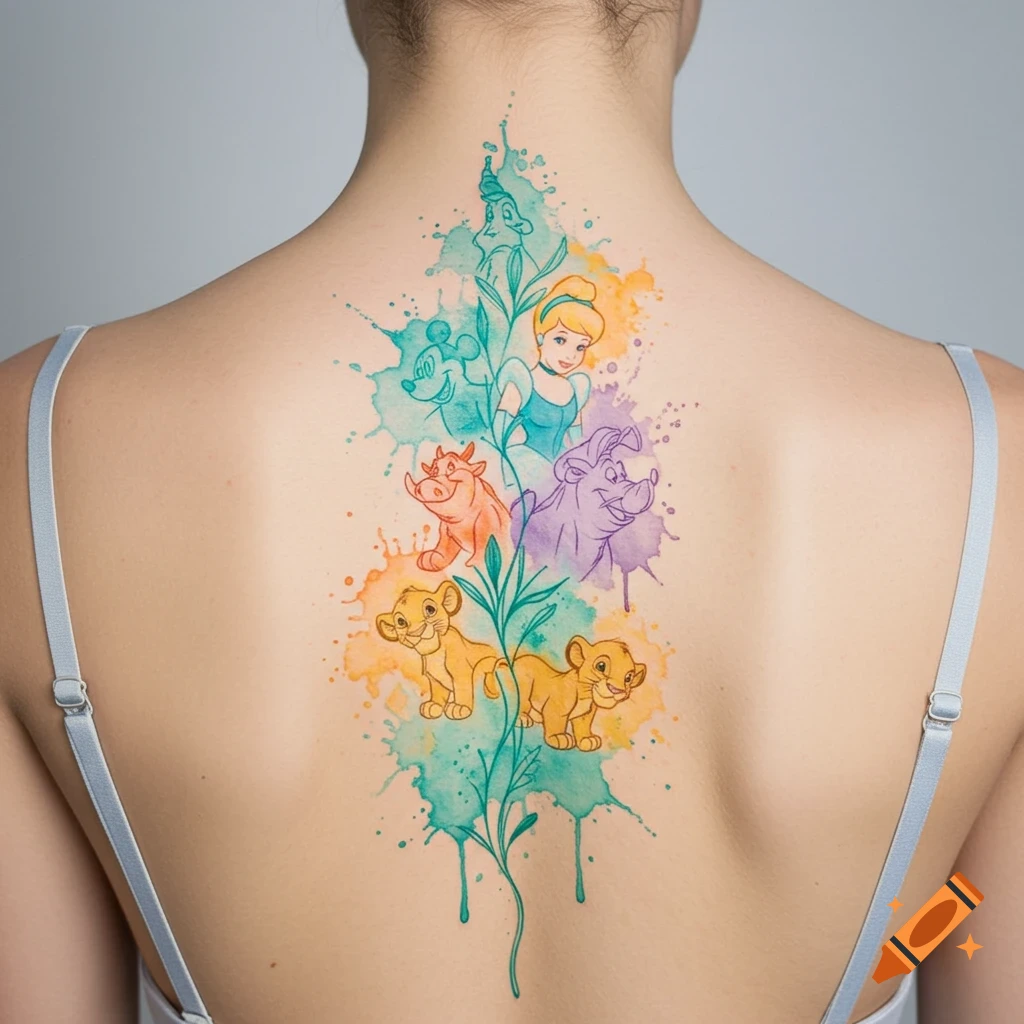 Watercolor spine tattoo of Disney characters including Cinderella, Mickey Mouse, Pumbaa, Timon, young Simba, and Nala on a woman's back.