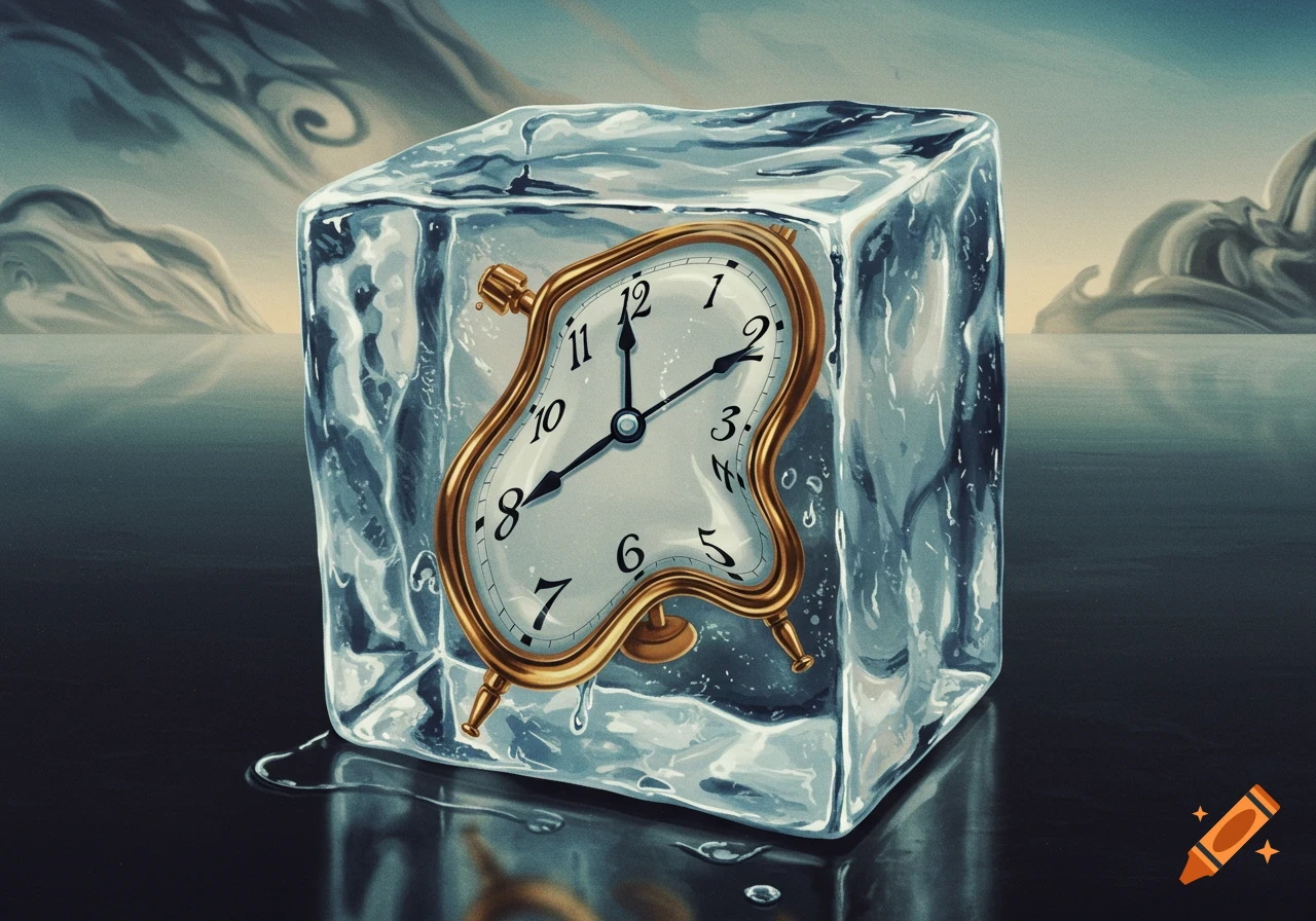 A surreal, Salvador Dalí-inspired painting of a melting golden clock encased in a dripping ice cube on a dark, reflective surface, with a hazy sky background.