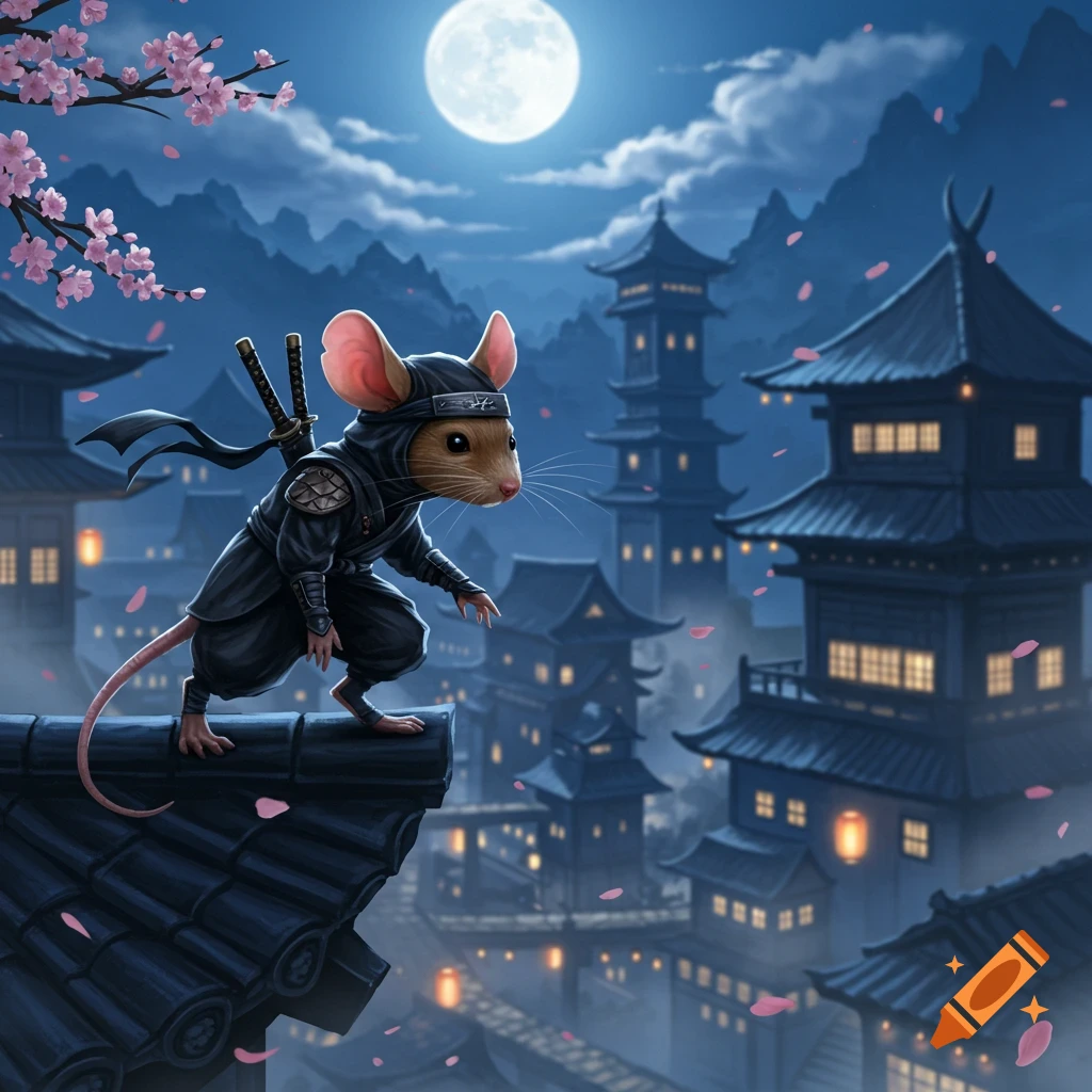 A ninja mouse crouches on a tiled rooftop at night, overlooking a traditional Japanese village under a full moon with cherry blossoms.