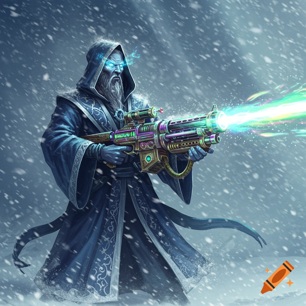 A hooded wizard with glowing blue eyes and a long beard holds a colorful, futuristic machine gun that fires a bright beam in a snowy blizzard, digital art.