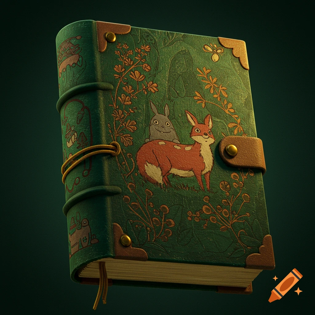A whimsical green journal with gold accents, featuring a stylized fox and a grey rabbit on its cover, in Studio Ghibli art style.