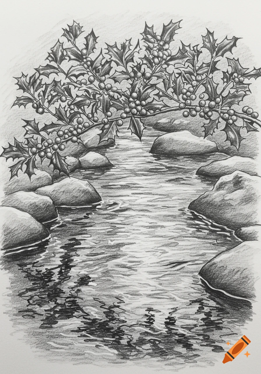 Black and white pencil sketch of a holly branch with berries overhanging a rocky stream.