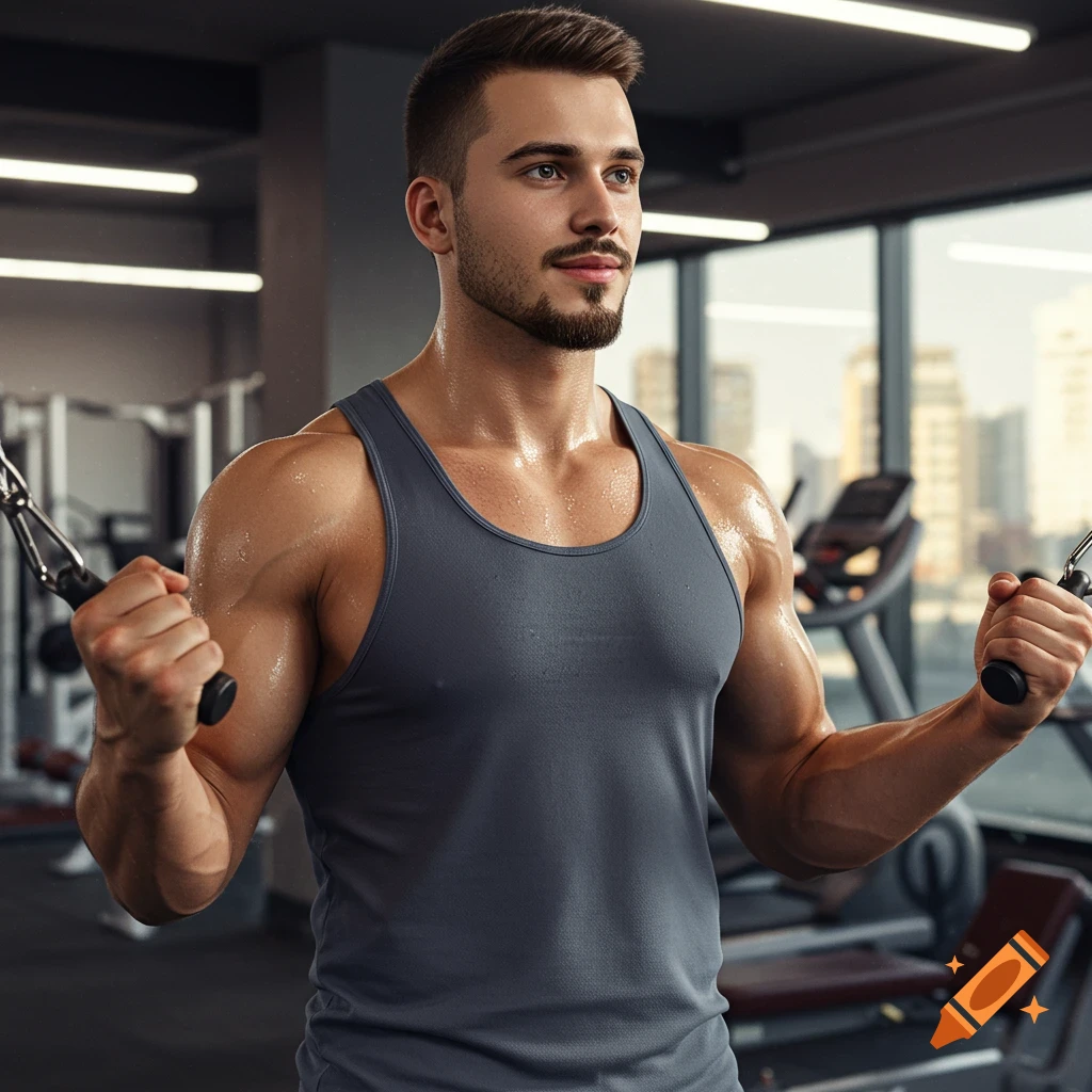 A fit man with a goatee and buzzcut works out with cables in a modern gym in a photorealistic style.