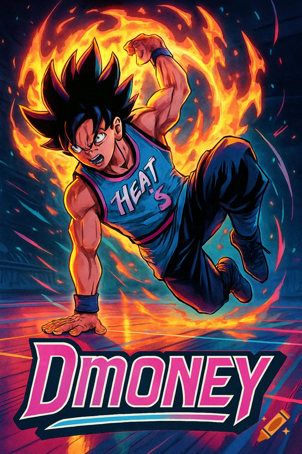 Anime style Goku in a Miami Heat jersey, posing on one hand with fiery Ki, above a 'DMONEY' logo on a basketball court.