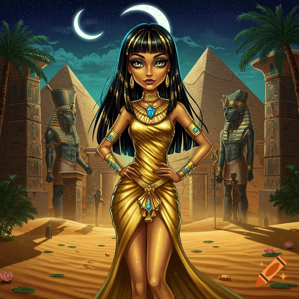 A stylized cartoon woman in a golden Egyptian queen dress stands confidently in a desert at night, with pyramids and pharaoh statues in the background.