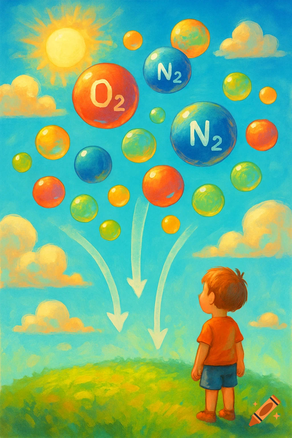 A cartoon child on a green hill looks up at colorful O2 and N2 molecule bubbles descending from a sunny blue sky, in an illustrative style.