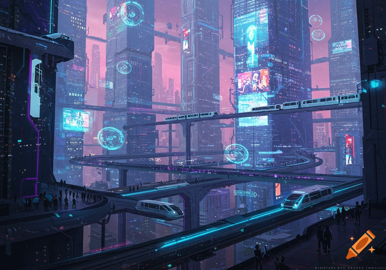 A vibrant, sprawling futuristic cityscape at dusk, with elevated neon-lit train tracks, sleek trains, and towering skyscrapers adorned with bright digital displays.