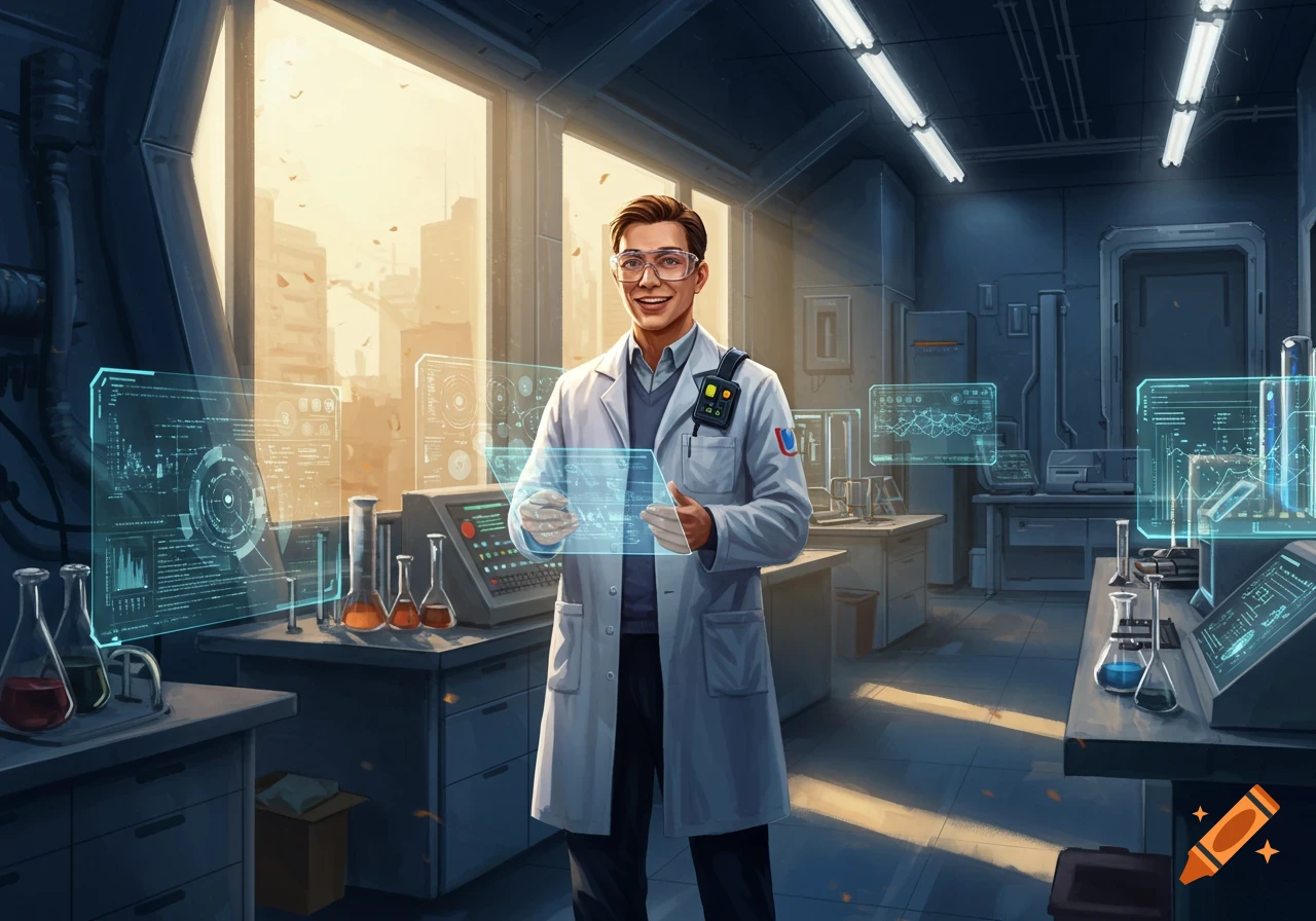 A smiling male scientist in a lab coat and goggles holds a holographic tablet in a modern lab with bright windows.