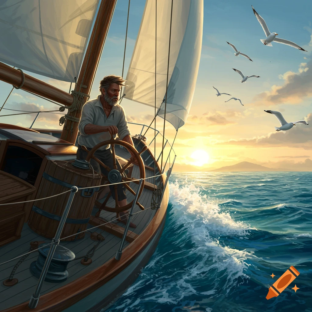 A bearded man steers a sailboat on a wavy ocean at sunset, with seagulls flying above, in an illustrative style.