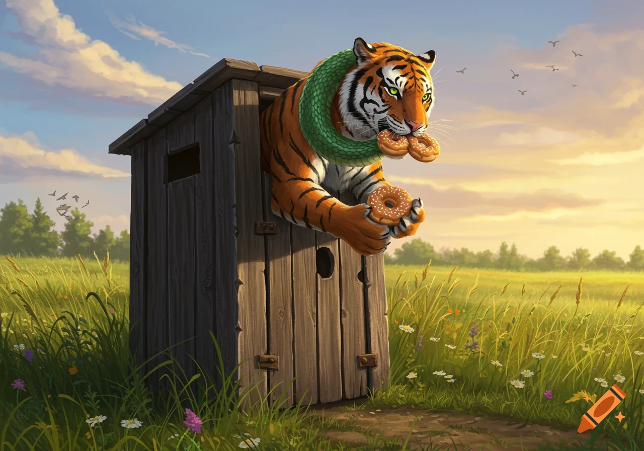 A whimsical illustration of a tiger with a green snake around its neck, emerging from a wooden outhouse, eating and holding donuts in a sunny field.