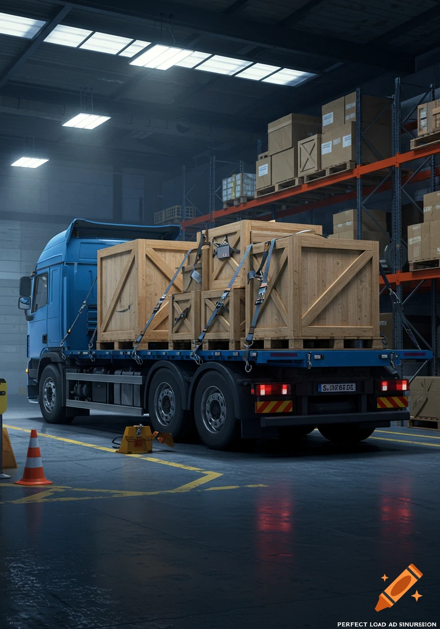 Photorealistic image of a blue flatbed truck loaded with large wooden crates secured by straps, parked in a dimly lit warehouse with shelves full of boxes.