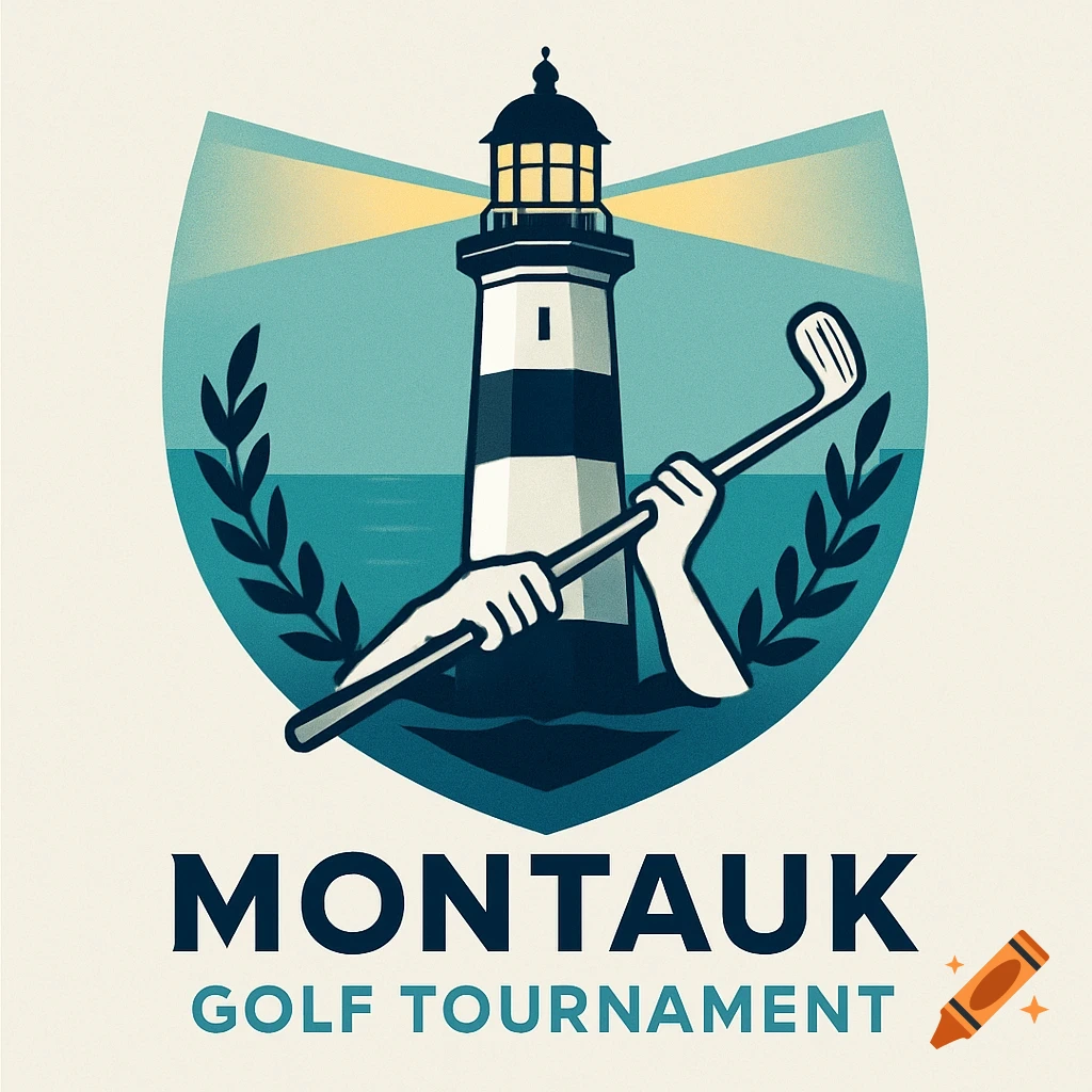 A stylized logo featuring the Montauk Lighthouse, with light beams forming hands holding a golf club, and text 'MONTAUK GOLF TOURNAMENT'.