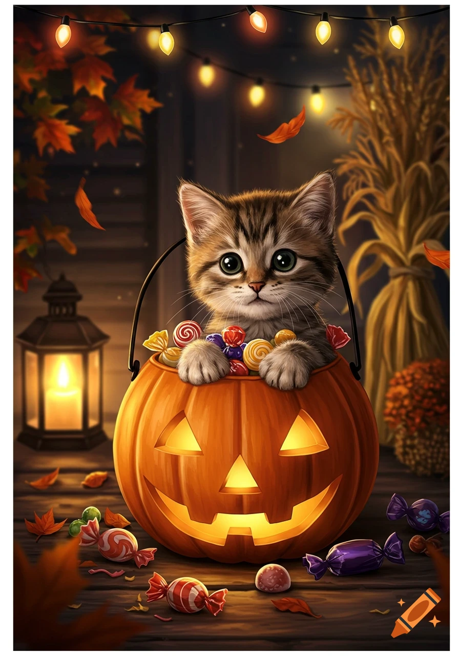 A cute tabby kitten peers out of a carved Halloween pumpkin filled with colorful candy, set at night with string lights and autumn leaves.