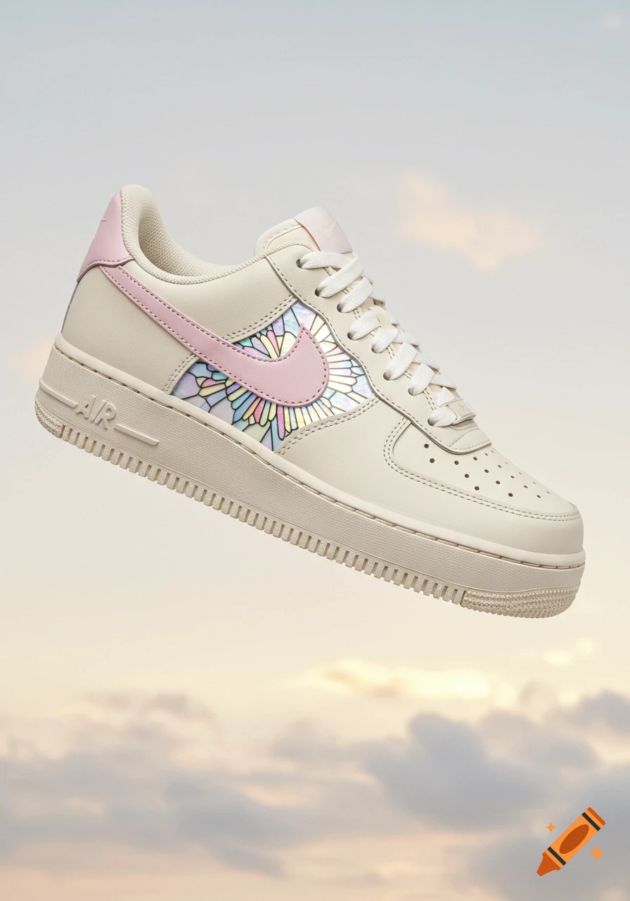 A beige and pink Air Force 1 type sneaker with a stained glass pattern on the side, floating against a cloudy sky.