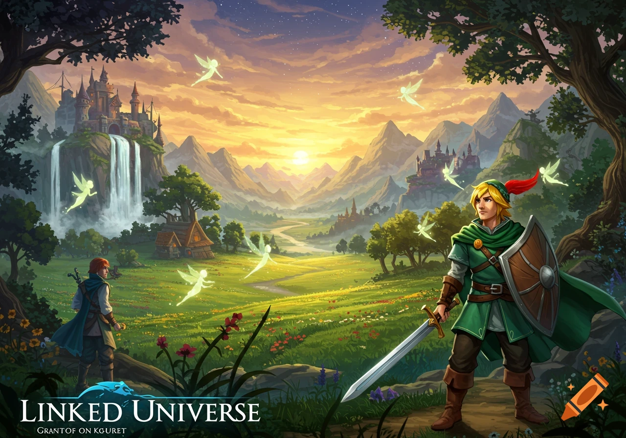 A fantasy landscape at sunset with a hero resembling Link in the foreground, a second character, castles, a waterfall, and glowing fairies.