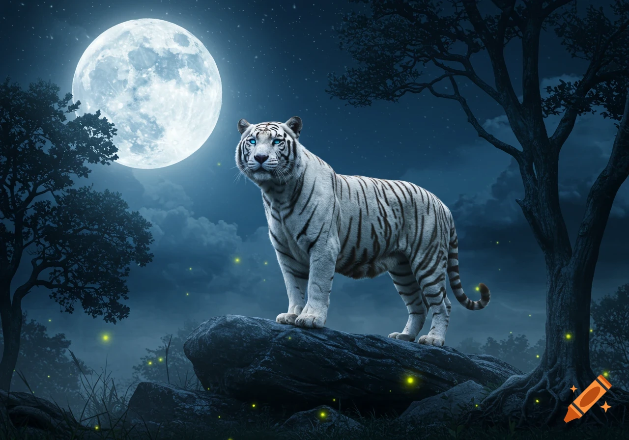 A white tiger with blue eyes stands on a rock in a mystical night forest under a large full moon with glowing fireflies.