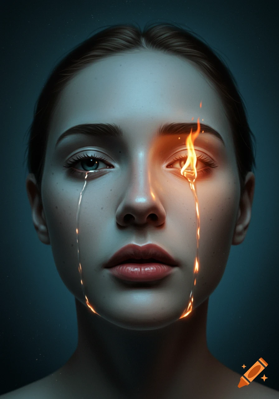 Close-up of a woman's face with a glowing tear of light on one side and a flaming tear on the other.