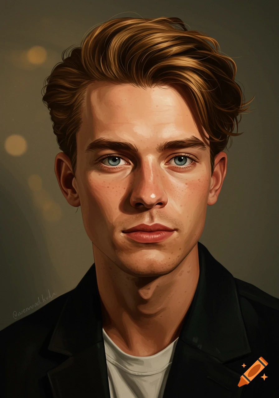 Close-up digital art portrait of a young man with brown hair and blue eyes, wearing a black jacket over a white t-shirt.