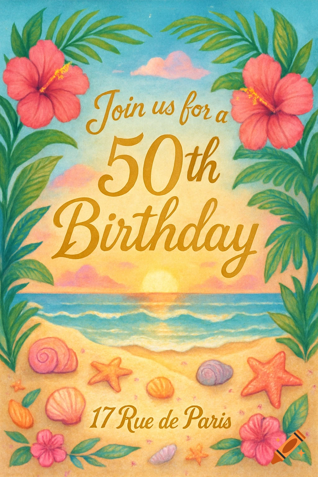Illustrated 50th birthday beach invitation with sunset, hibiscus, seashells, and text 'Join us for a 50th Birthday 17 Rue de Paris'.