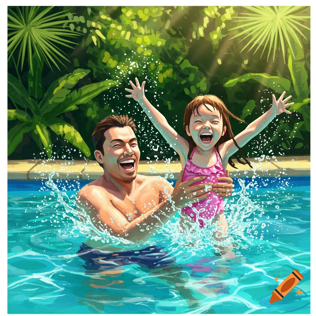 An illustrated father and daughter joyfully splash in a swimming pool, laughing amidst lush green foliage.