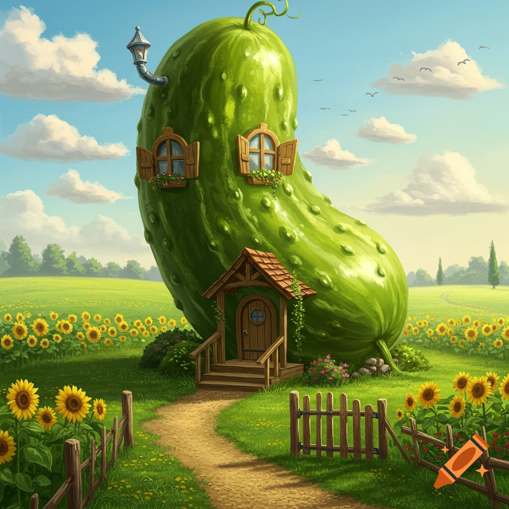A whimsical house shaped like a giant pickle with windows and a door, nestled in a vibrant sunflower field under a blue sky with fluffy clouds.