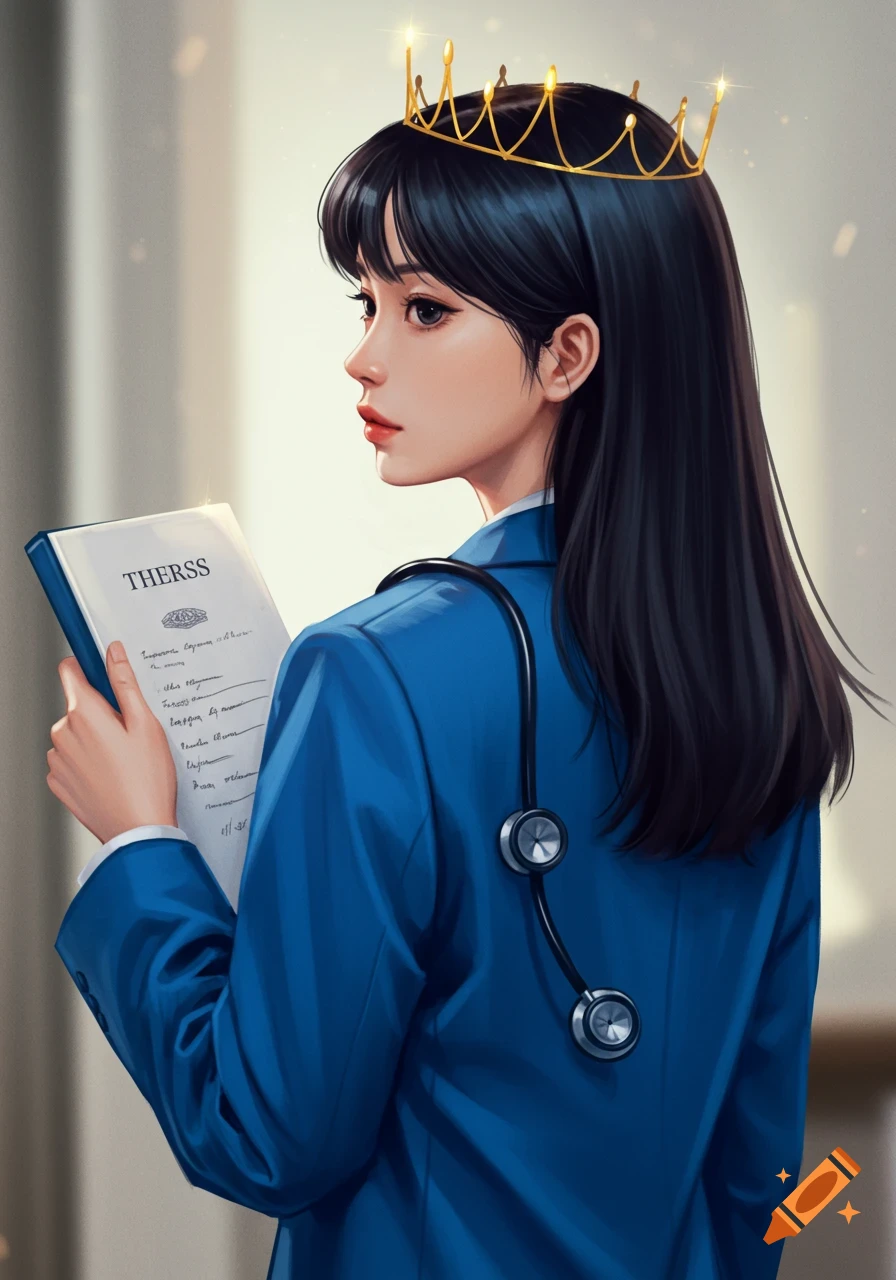 An illustrated portrait of a young woman in a blue suit and golden crown, holding a document and wearing a stethoscope.