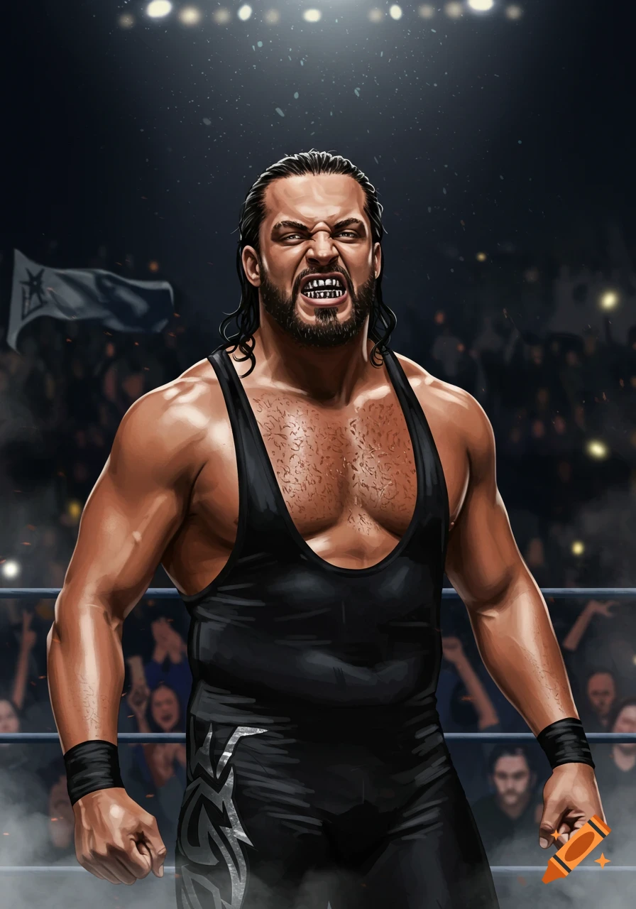 A muscular male wrestler with a beard and silver grillz snarls aggressively in a ring, an illustration.