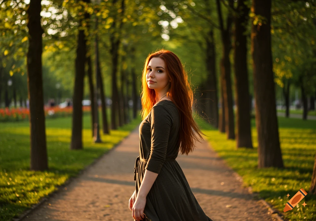 A young woman with long red hair in a green dress walks on a park path lined with trees, looking over her shoulder at sunset.