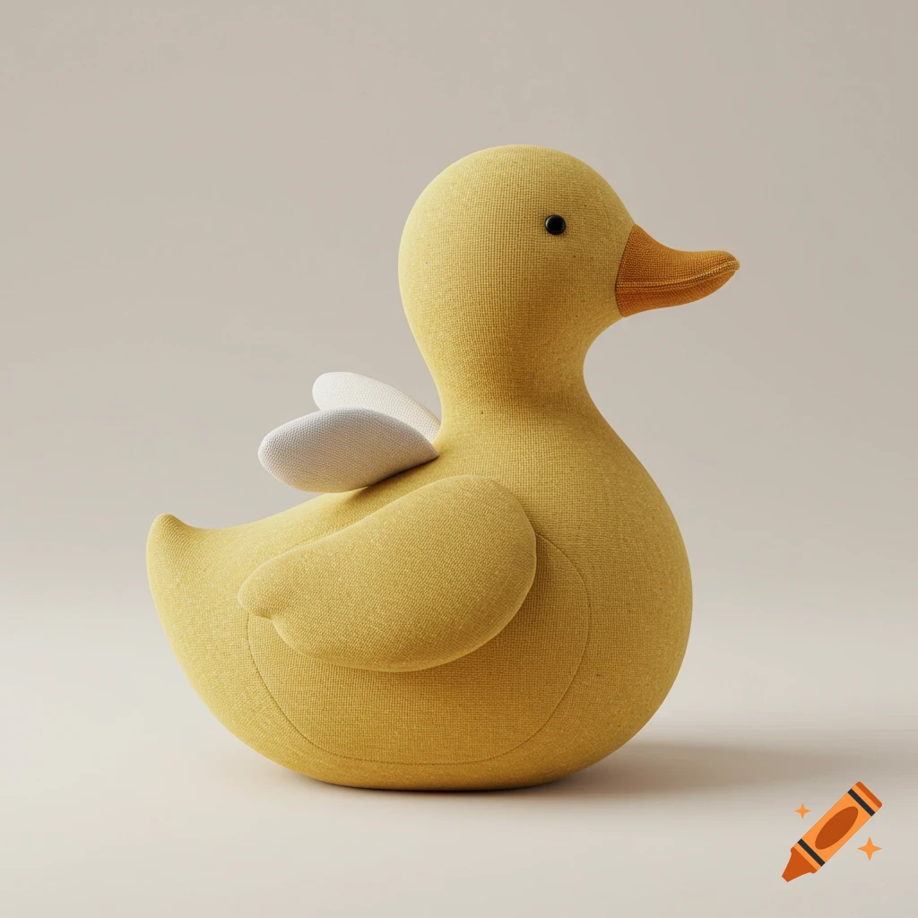 A photorealistic yellow fabric duck plushie with white wings and a soft texture, standing against a light background.
