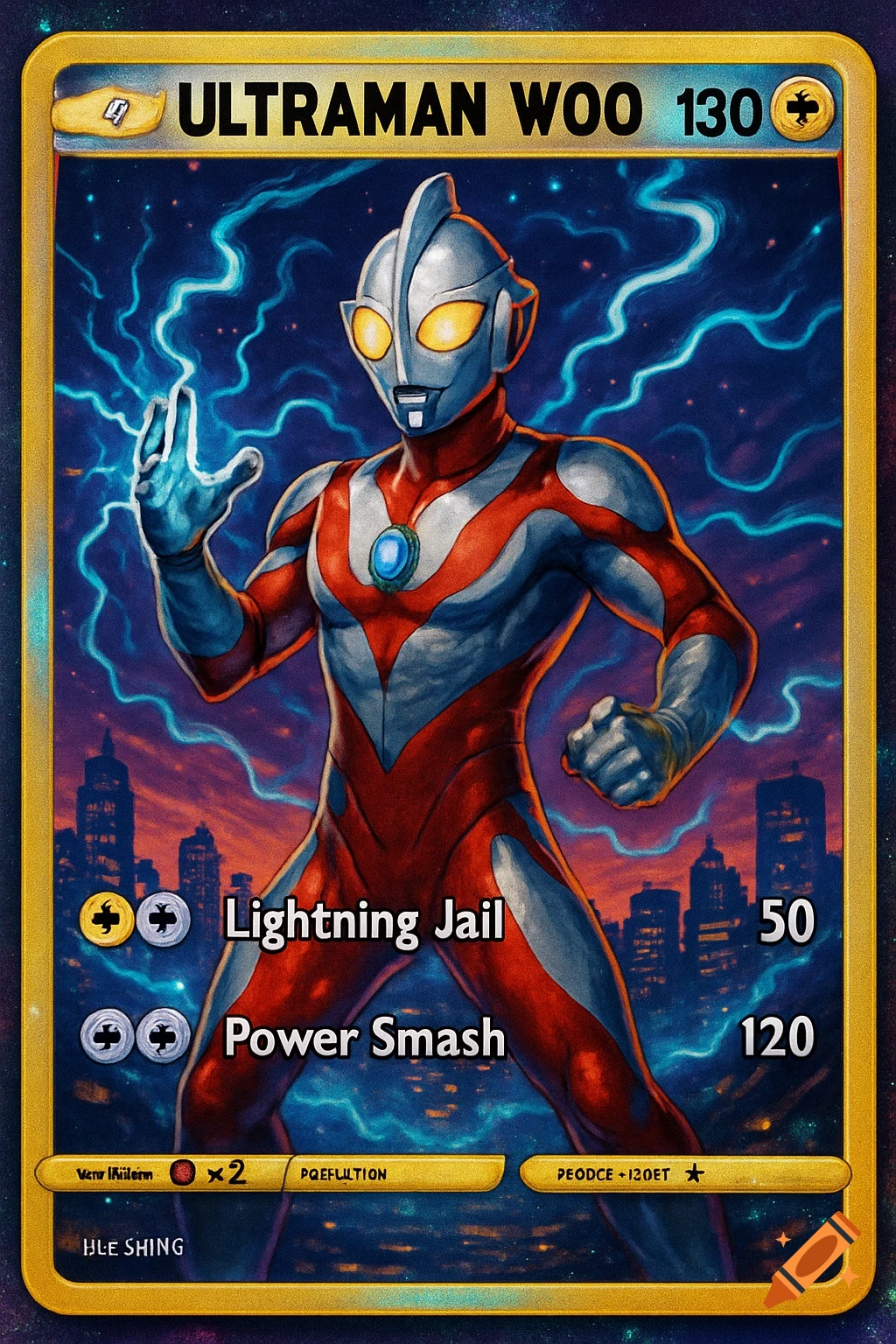 Ultraman Woo on a golden-bordered trading card, generating blue lightning with a city skyline at sunset in the background. The card shows attack names and numbers.
