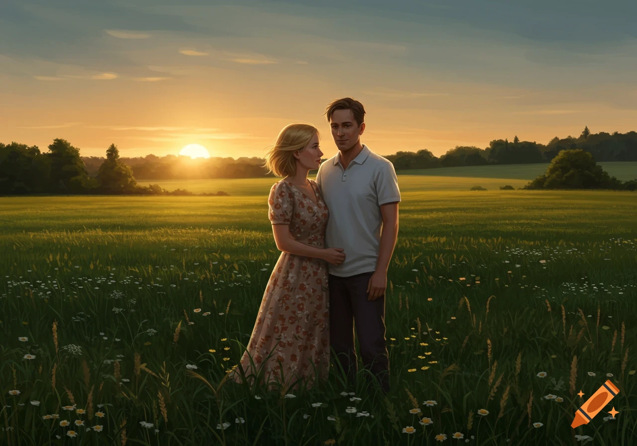 A blonde woman in a floral dress and a man in a polo shirt stand in a sunlit green field with wildflowers at sunset.