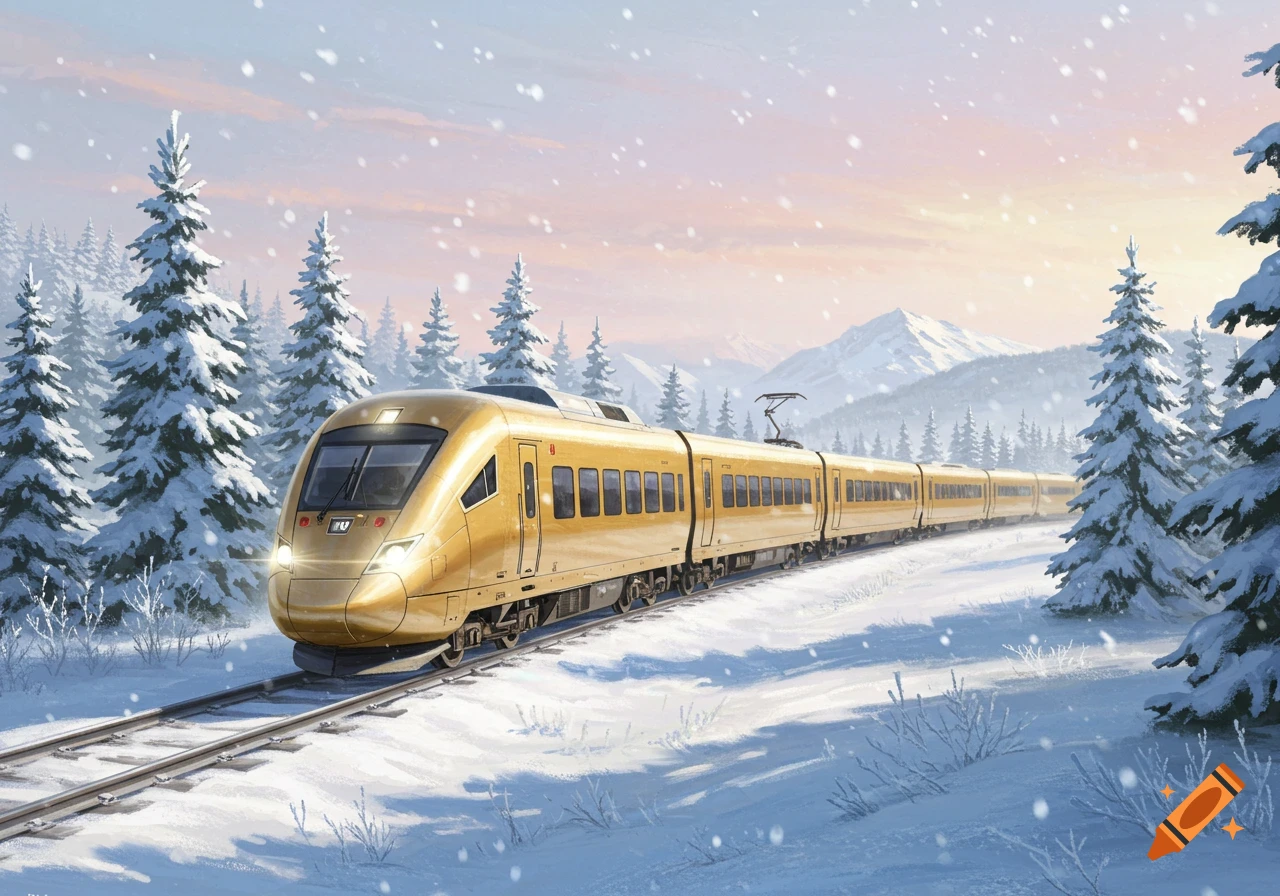 A golden express train travels through a snowy winter landscape with pine trees and mountains under a soft sky, illustrated style.