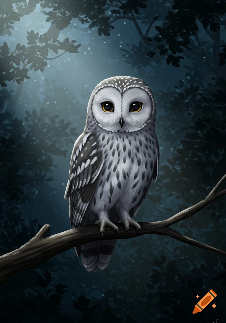 Stylized white and grey owl with large yellow eyes perched on a dark branch in a moonlit forest.