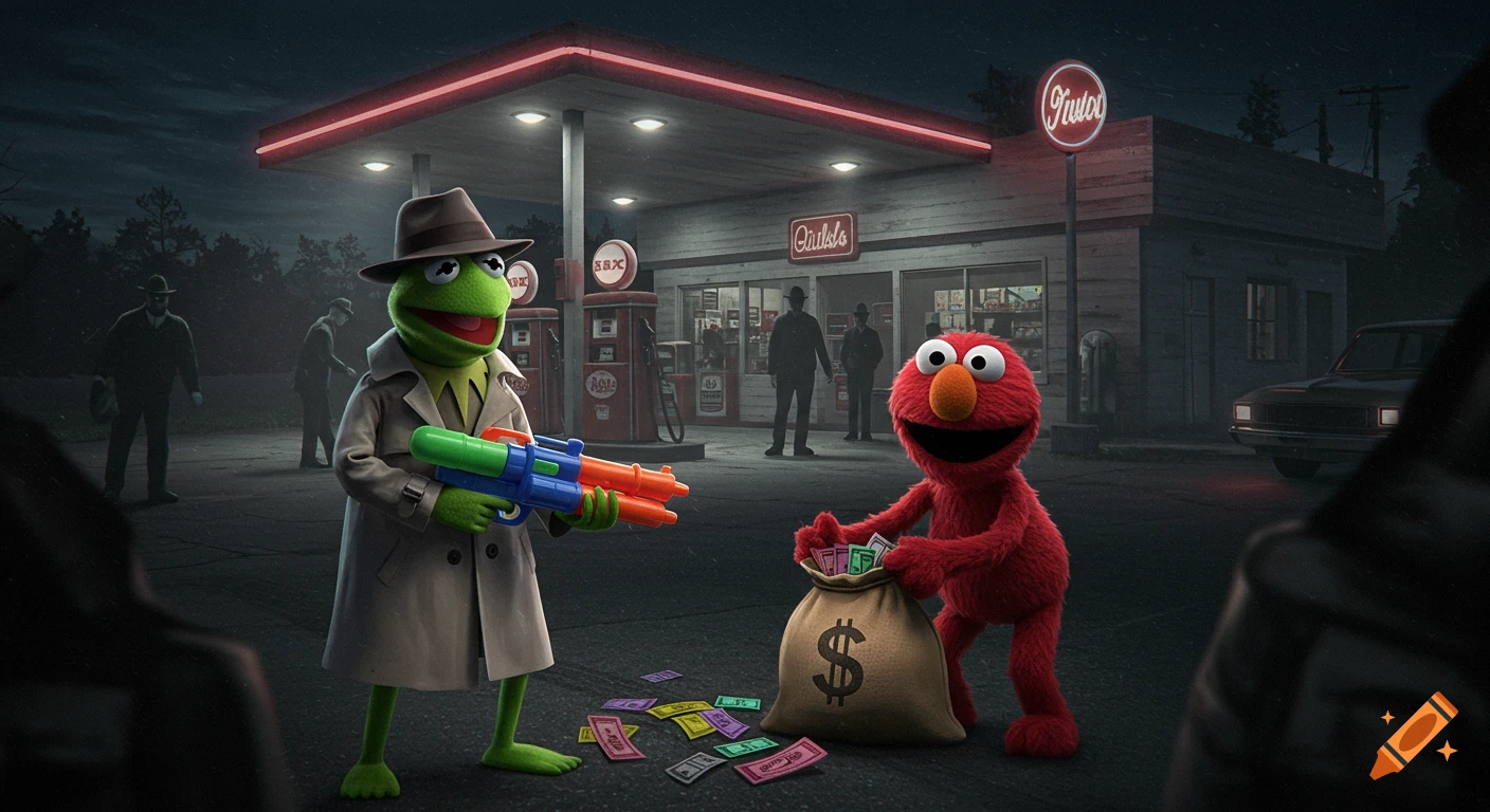 Kermit the Frog in a trench coat holds a squirt gun as Elmo stuffs cash into a money bag at a dark gas station.