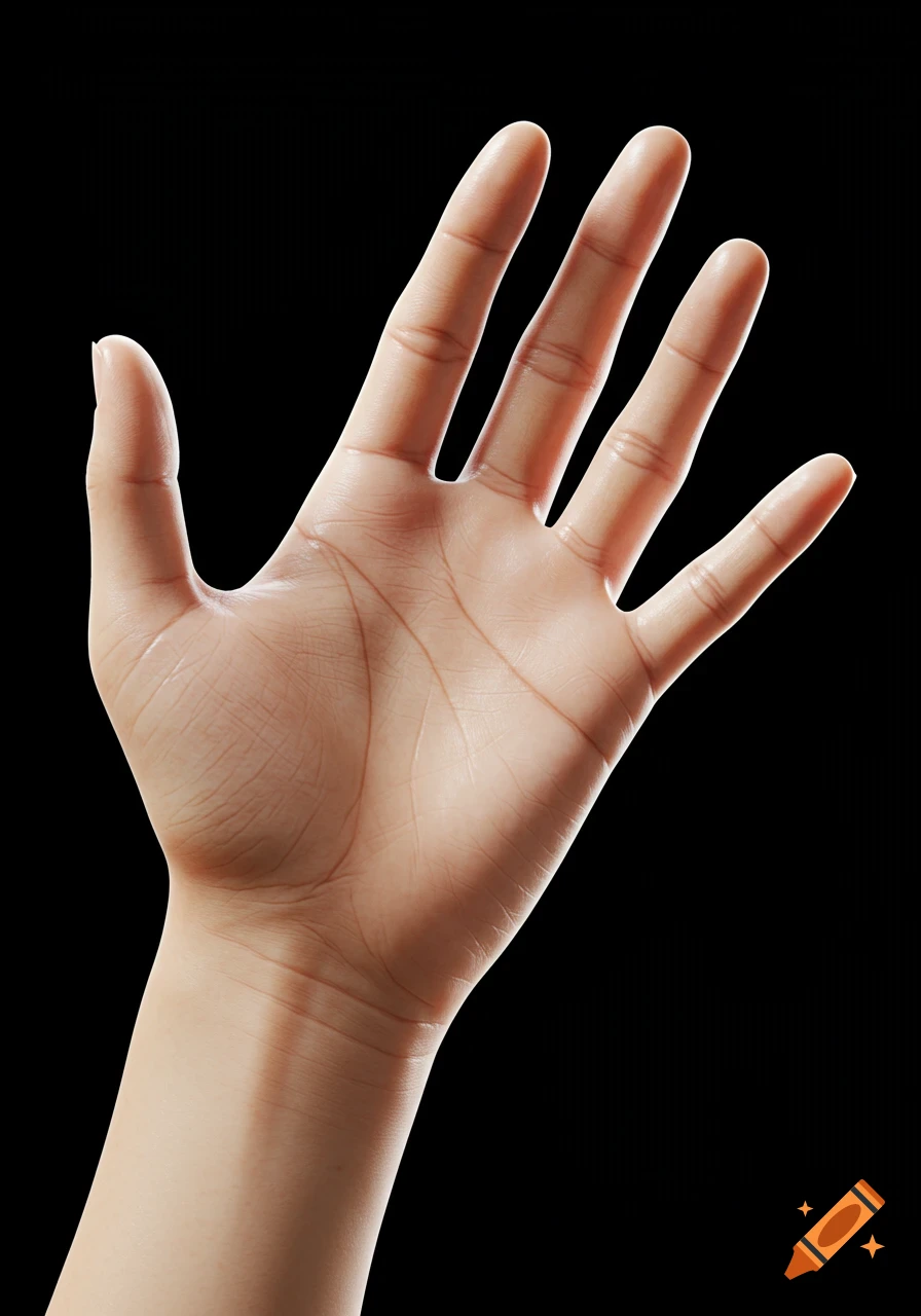 A close-up, photorealistic image of a person's open palm, fingers spread, against a solid black background.
