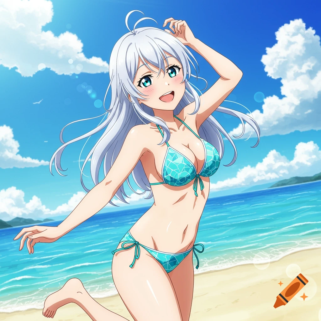 An anime girl with long silver hair and blue eyes smiles in a turquoise geometric pattern bikini on a sunny beach.