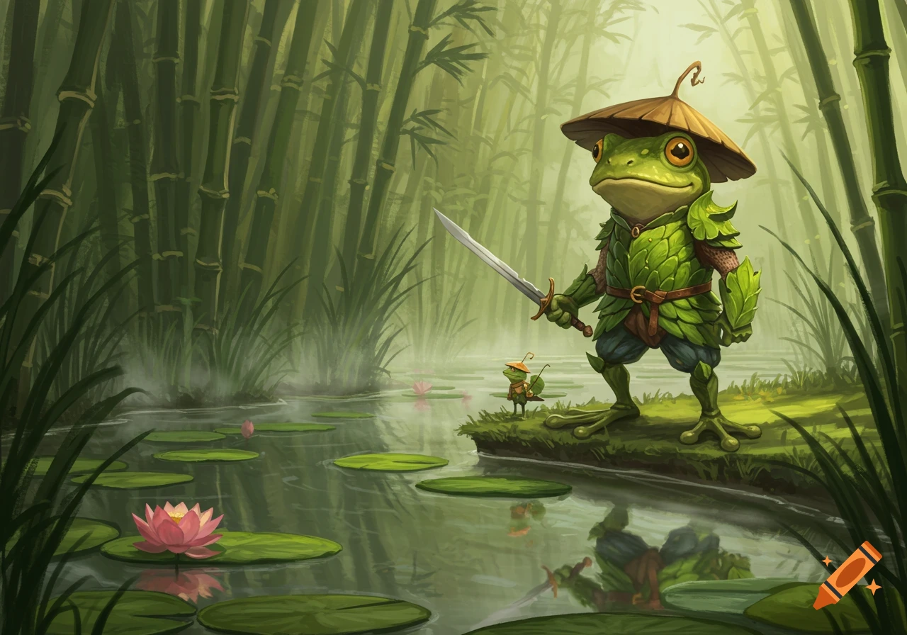 A large frog adventurer in leaf armor and a straw hat holds a sword, standing by a pond in a bamboo forest with a smaller frog.