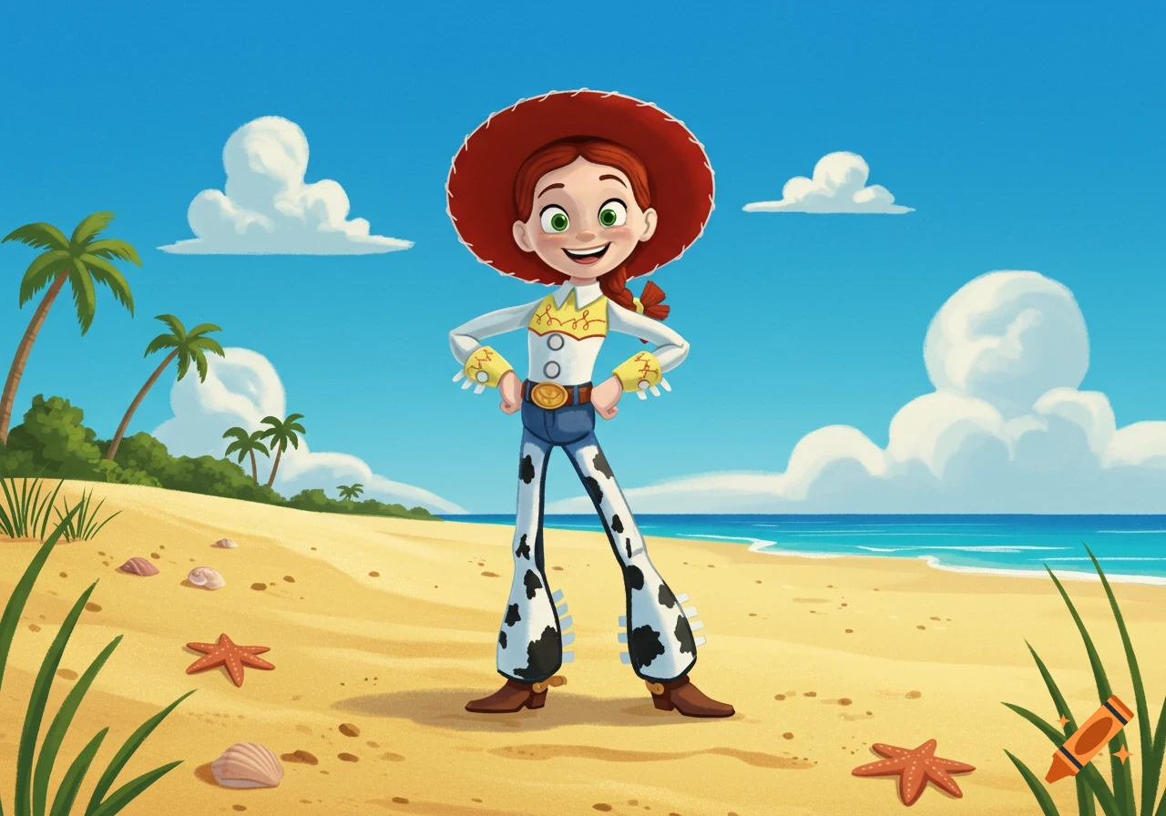 2D cartoon of Jessie from Toy Story smiling and posing on a sunny beach with palm trees and ocean.