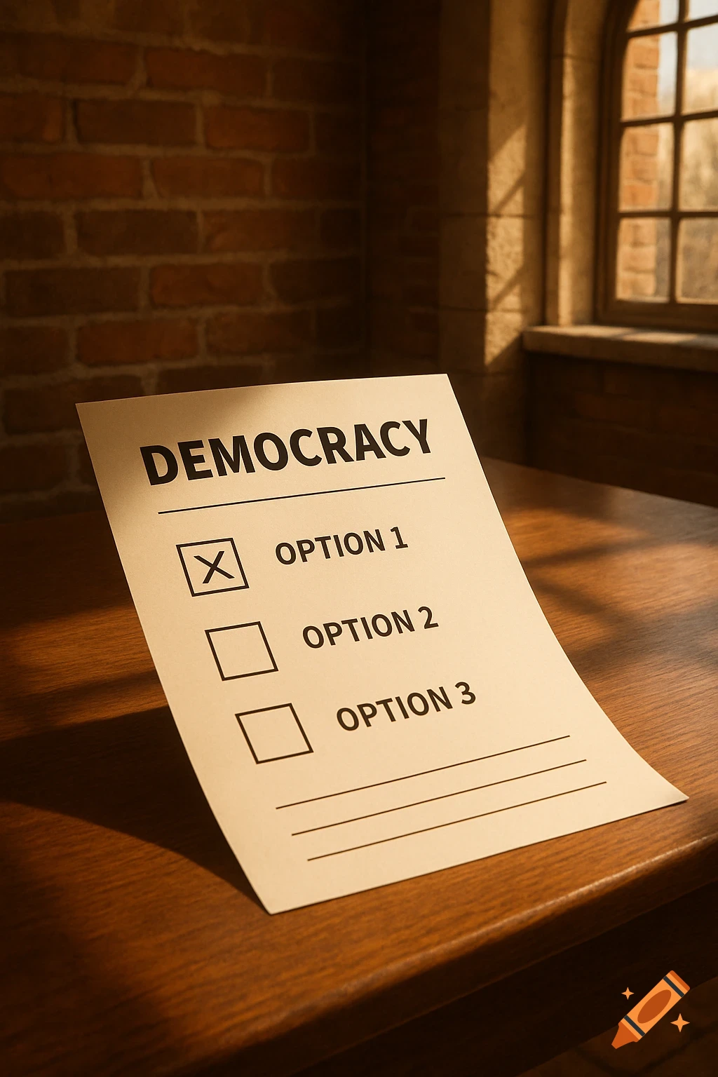 A close-up, dimly lit image of a paper ballot for 'DEMOCRACY' with 'OPTION 1' checked, on a wooden table, against a brick wall and arched window.