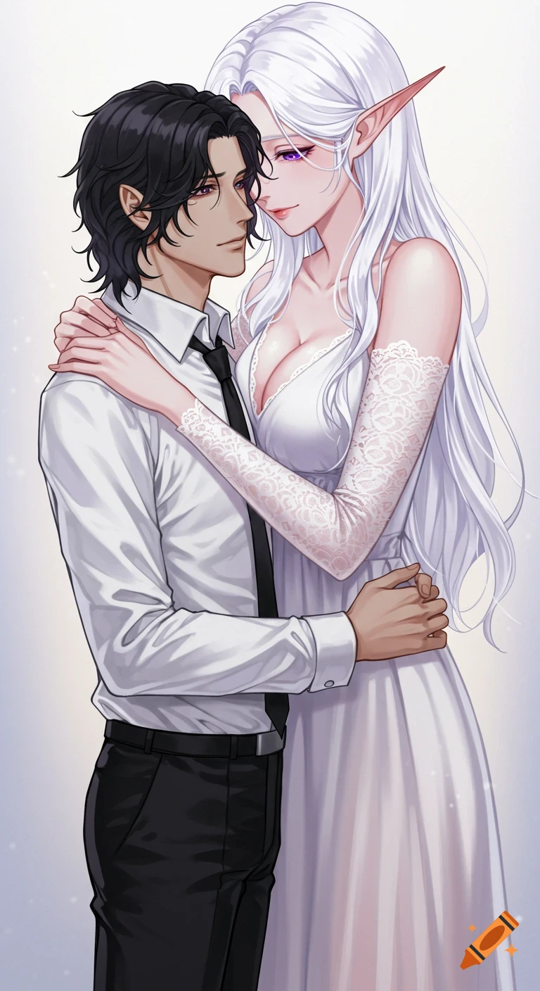 Anime-style elf-like man with black hair in a white shirt and tie embracing a taller woman with long white hair, pointed ears, and a white lace dress.
