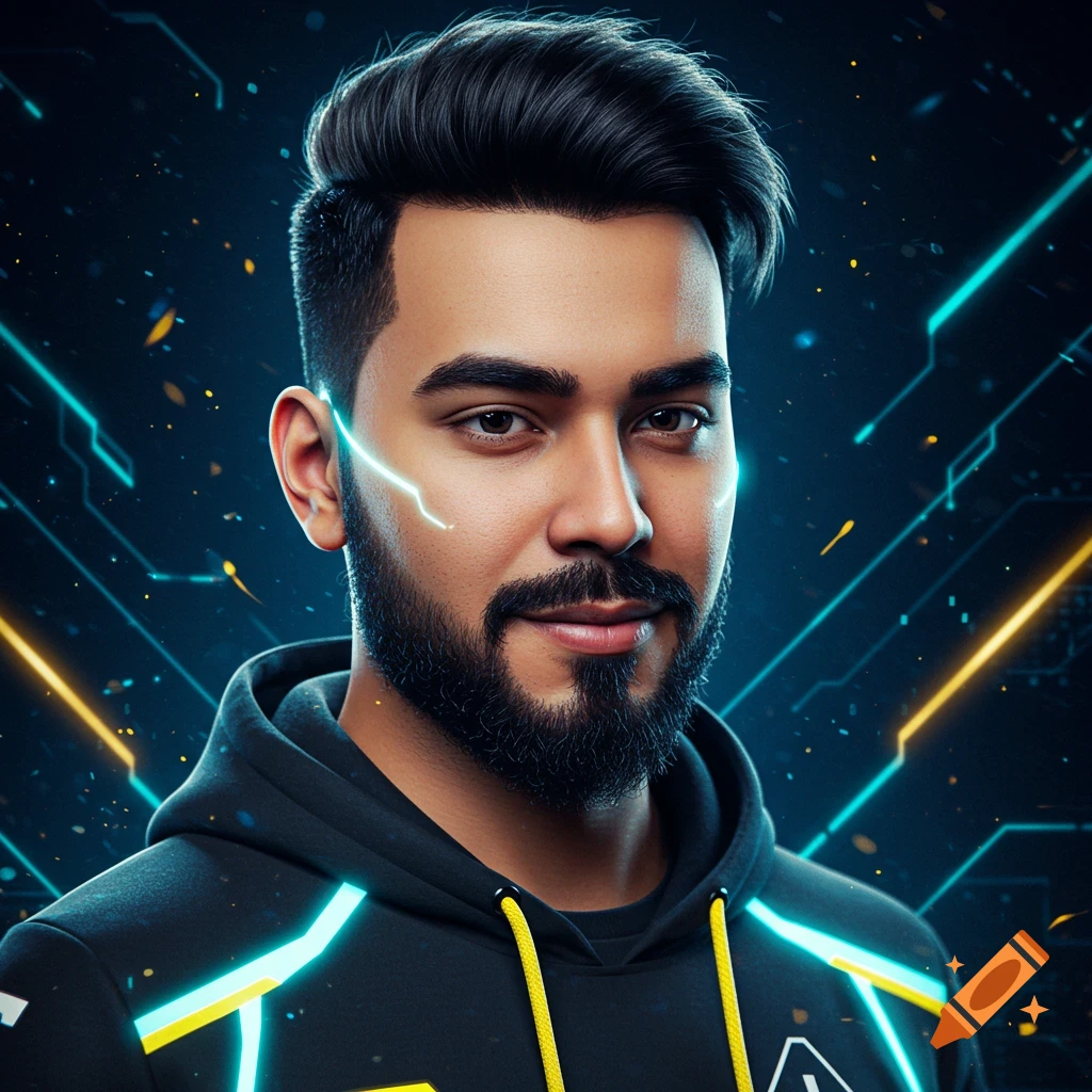 Photorealistic portrait of a bearded man with dark hair, wearing a black hoodie with glowing accents against a futuristic tech background.