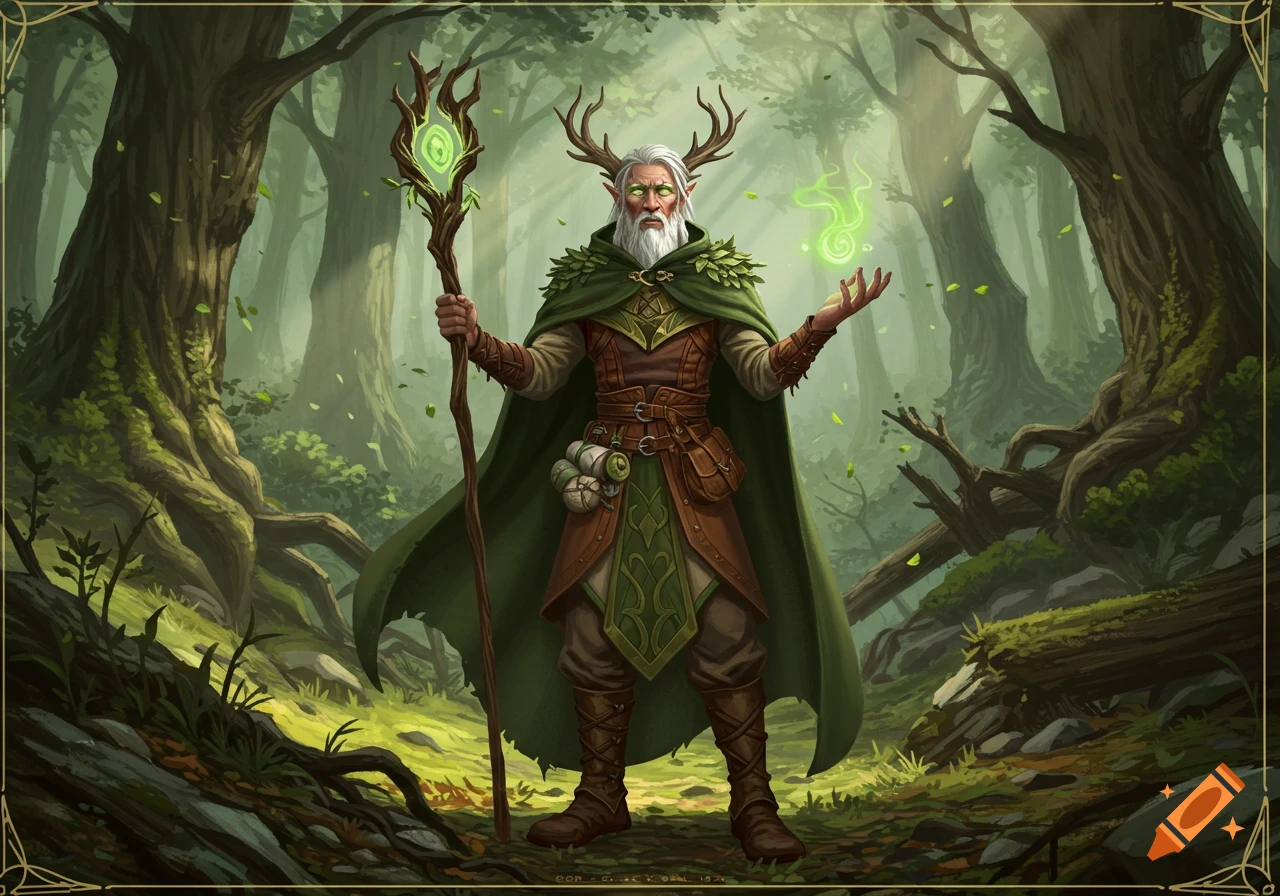 A grey-bearded druid with antlers and green glowing eyes stands in a forest, holding a glowing staff and casting a spell.